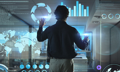 Image showing Business man, touchscreen and hologram of digital network, global data analytics and information technology on glass. Person or user press on 3d holographic for charts, graphs or screen in night rear