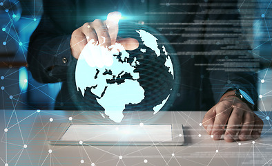 Image showing Hands, touch globe and tablet hologram with digital overlay for global technology for communication. 3d, world and business man with touchscreen for future earth, planet and network connection for ar