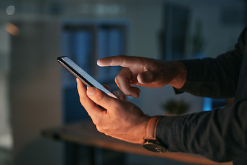 Image showing Phone, night or hands of businessman typing in communication, global networking or searching. Entrepreneur, dark office or zoom of person on social media or mobile app reading email, text or chatting