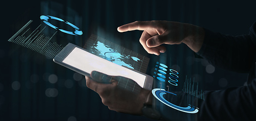 Image showing Hand of person, tablet or hologram of digital, information technology, data analytics or global statistics. Futuristic, man or user typing on holographic iot dashboard overlay for networking at night