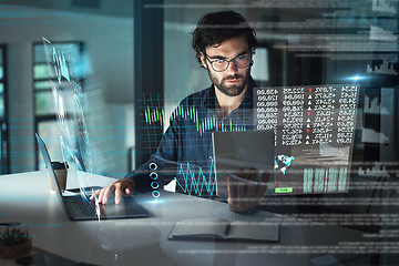 Image showing Digital, night and a businessman with technology for the stock market, finance analysis and research. Data, office and an employee reading statistics, stocks and analytics in the dark on tech at work