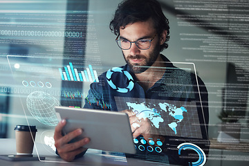 Image showing Business man, data and tablet hologram with digital overlay for tech, statistics or stock market. 3d, augmented reality and person with touchscreen for futuristic map, global trading or investment.