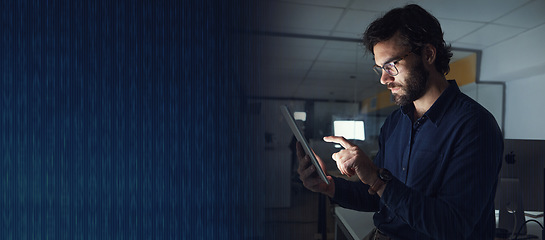 Image showing Night, mockup or businessman with tablet in office to search digital technology, data analytics or global news. Mock up space, entrepreneur or person typing on iot dashboard or networking online