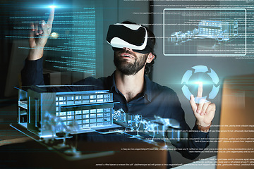 Image showing Virtual reality, architecture and man with 3d model for working on design or building hologram at night. Metaverse, vr and architect or engineer with house, digital construction or futuristic tech.