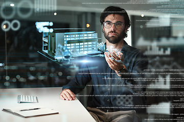 Image showing Architecture hologram, engineering or man in office with blueprint or planning a real estate building. Futuristic, 3d model or designer with holographic vision of renovation business project at night