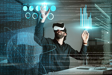 Image showing Virtual reality, business man and 3d graphs for working on statistics, data or hologram at night. Metaverse, vr and professional person with futuristic technology with charts, analytics and overlay.