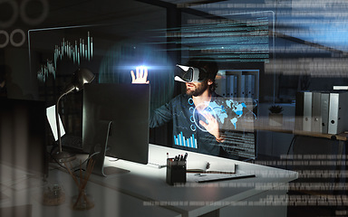 Image showing Virtual reality, business man and data in office by computer for statistics, analysis or hologram at night. Metaverse, vr and person with futuristic tech with charts, 3d analytics or global overlay.