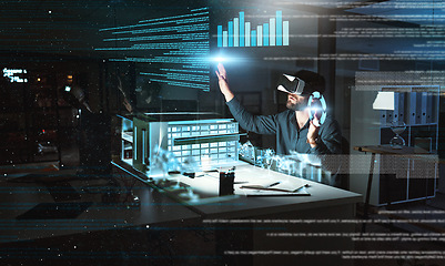 Image showing Architecture hologram, engineering or man in vr with blueprint data or planning a real estate building. Futuristic, 3d model or designer with holographic vision of project at night in virtual reality