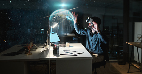 Image showing Businessman, night or vr globe hologram with digital overlay for future technology, big data or virtual reality. Office, world or person in metaverse for futuristic earth, 3d planet or global network