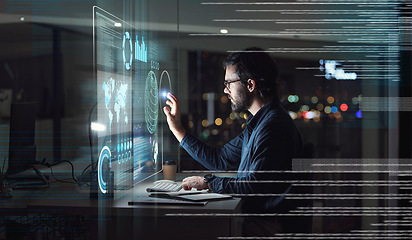 Image showing Computer, hologram and touchscreen of business man with data analysis, digital coding and programming at night. holographic, software overlay of IT person, information technology research and desktop