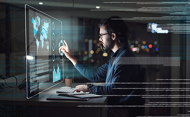 Image showing Computer screen, hologram and business man with digital data analysis, global coding and programming at night. holographic, software overlay of IT person, information technology research and desktop