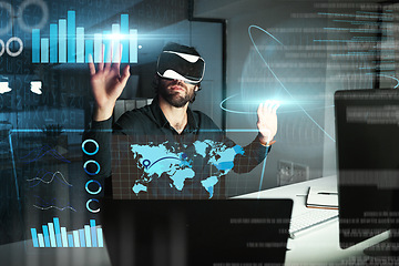 Image showing Virtual reality, business man and touch graphs, statistics or data analysis at night in office. Metaverse, vr and person with charts, futuristic technology or digital hologram for 3d global overlay.