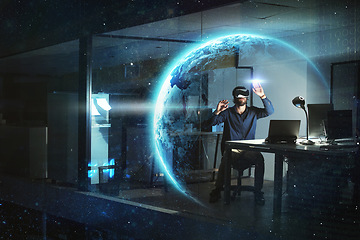 Image showing Businessman, night or vr global network hologram for digital future technology, big data or virtual reality. Dark office, globe overlay or person in futuristic metaverse world, earth or 3d planet