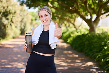 Image showing Portrait, happy woman or thumbs up for fitness, nature or healthy running workout exercise with smile. Girl athlete runner smiling showing thumbsup for training, wellness or exercising in a park