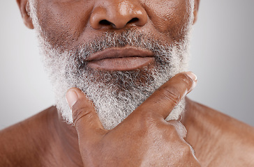 Image showing Senior man, closeup and beard in studio for skincare, grooming and beauty routine on grey background. Facial, hair and elderly male relax with cosmetics, treatment and dermatology or moustache growth