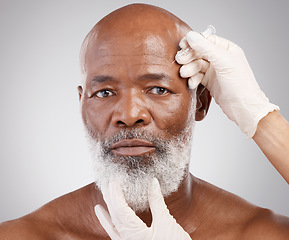 Image showing Skincare, needle and portrait of man with collagen, injection and professional anti ageing face treatment. Dermatology, medical cosmetic and mature African model with hands on dermal filler syringe.