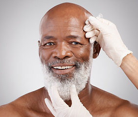 Image showing Skincare, collagen syringe and portrait of black man with smile, happiness and professional anti ageing spa treatment. Dermatology, cosmetic process and happy, mature model with dermal filler needle