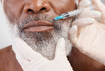 Image showing Skincare, face and man mouth with syringe for dermal filler and professional anti ageing spa treatment. Closeup dermatology, cosmetic or senior African male model with collagen needle for skin care.