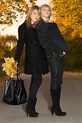 Image showing Two young blondes with autumn leaves on a road