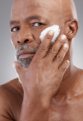 Image showing Skincare cream, application and portrait of old man for wellness, cosmetics and facial creme. Dermatology, beauty and guy with anti aging lotion, face product and moisturizer on studio background