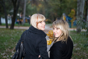 Image showing Portrait of the two young women in autumn park