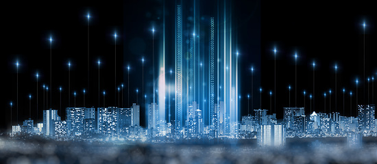 Image showing Data, information technology and innovation in a city at night for cyber security or digital networking. Communication, overlay and cloud computing with special effects over a futuristic urban town