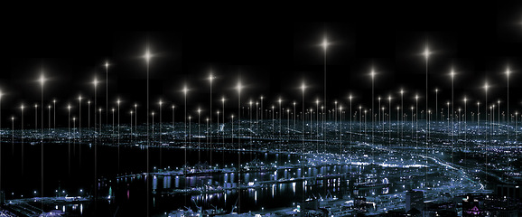 Image showing Data, network and cyber with city at night for connection, cyber and cloud computing. Technology abstract, communication and futuristic with skyline of urban town for internet, media and light