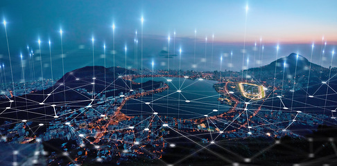 Image showing City, landscape and overlay in night for network, connectivity or iot infrastructure development in Cape Town. Metro, cbd and skyline with 3d holographic for cloud computing, connection or innovation