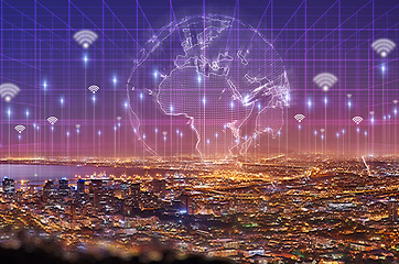 Image showing Global, network and information technology with an overlay city at night for connectivity or data sharing. 3d globe, hologram and ai for digital transformation or cyber security in an urban town