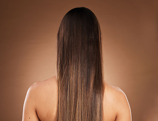 Image showing Hair care, beauty and back of woman for wellness, treatment and keratin glow on brown background. Salon aesthetic, hairdresser and girl with cosmetics, hairstyle texture and natural growth in studio