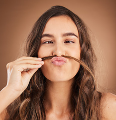 Image showing Hair care, comic mustache and face of woman for wellness, hairstyle and health on studio background. Salon aesthetic, hairdresser and silly girl with cosmetics, keratin treatment and natural beauty