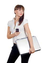 Image showing Businesswoman with phone and laptop over white