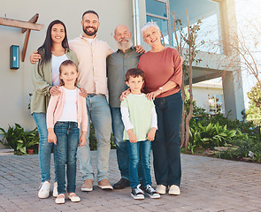 Image showing Big family, portrait and backyard with grandparents, kids and happiness for holiday with hug, love or bonding. Senior man, woman and couple with children with excited face, outdoor or happy in summer