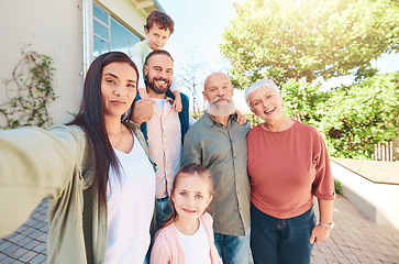 Image showing Happy family, selfie and grandparents with kids in backyard for happiness, holiday or love for social media. Senior man, woman and couple with children with excited face, smile and profile picture