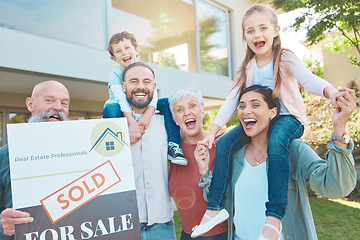 Image showing Real estate, portrait and happy family outside of new house, excited and smiling in a garden. Property sign, sale and kids, parents and grandparents celebrating and moving into dream home in the yard