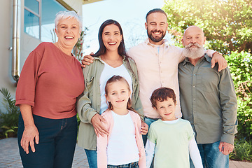 Image showing Family is outdoor, happy in portrait with generations, happiness with grandparents, parents and kids in garden. People together at holiday home on summer vacation, smile and bond with love and care