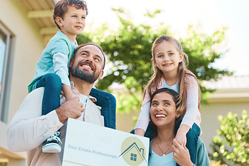 Image showing Real estate, sale and happy family outside of new house, excited and smiling in a garden. Property, purchase and kids with parents in a backyard of dream home after moving, relocation and celebration