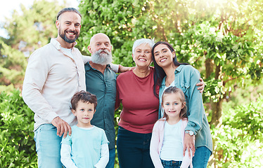 Image showing Family is outdoor, smile in portrait with generations, happiness with grandparents, parents and kids in garden. Happy people together, summer holiday and bonding with love, care and support in nature