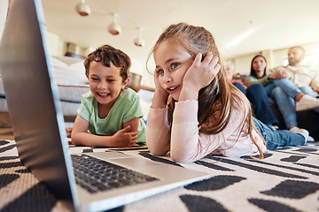 Image showing Laptop, floor or children with parents relaxing on sofa for online education, cartoon video subscription or watch movies. Happy kids on carpet, computer or streaming film together with family at home