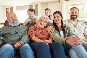 Image showing Portrait, love and family on couch, smile and bonding on weekend break, cheerful and relax in living room. Face, grandparents and mother with father, children and siblings on sofa, rest and joyful