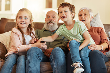 Image showing Grandparents, tv and children in a home living room streaming a web series together. Senior people, kids and television remote watching a video on a house lounge couch with a child film and movie