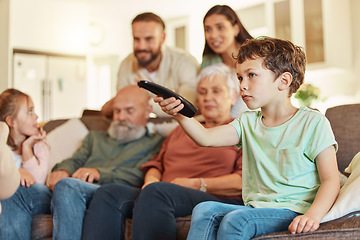 Image showing Grandparents, family tv and children in a home living room streaming a web series together. Senior people, kids and television remote watching a video on a lounge couch with a child film and movie