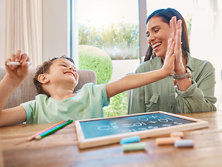 Image showing High five, mother and child education, learning and teaching math, numbers and home development goals or support. Yes, success and celebration hands of family, mom and happy kid with chalkboard