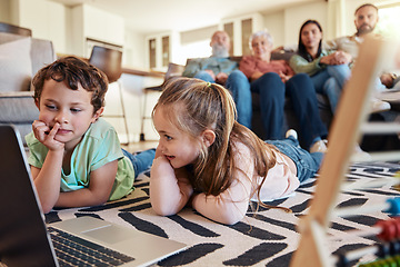 Image showing Laptop, floor and children with family relaxing on sofa for online education, home development and watch movies together. Happy kids on carpet with computer and grandparents on couch for holiday film