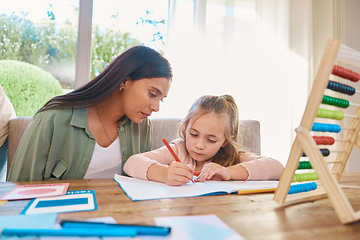 Image showing Writing, helping and mother with girl for home school education, language support and creative learning. Math, numbers and family, biracial mom or woman teaching child, drawing and notebook for focus