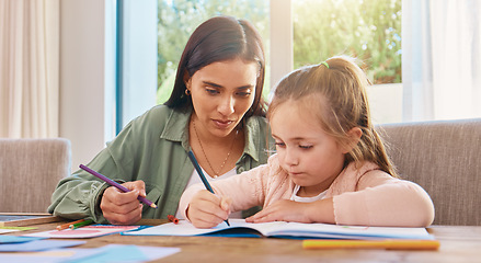 Image showing Education, mother and girl with homework, writing and lesson at home, focus and learning. Family, parents and mama with female child, daughter and happy kid with notes, fun or growth with development