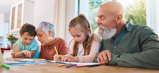 Image showing Family, homework and education with children writing, learning or drawing with colors and grandparents. Kids, school or study with kids, senior man and woman in their home for growth or development