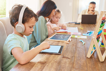 Image showing Tablet, headphones and children for online learning, education and parents support on home school app. Writing, teaching and parents or people with kids on digital tech, elearning audio and internet