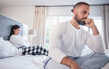 Image showing Divorce, stress and couple on bed, argument and distance with breakup, affair and fighting. Man, woman and people with issues, marital problems in bedroom and depression with anxiety, ignore and sad