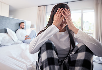 Image showing Couple, divorce or fight in bedroom depression, argument or disagreement in toxic relationship at home. Frustrated woman in unhappy marriage, cheating man or conflict on bed after breakup indoors